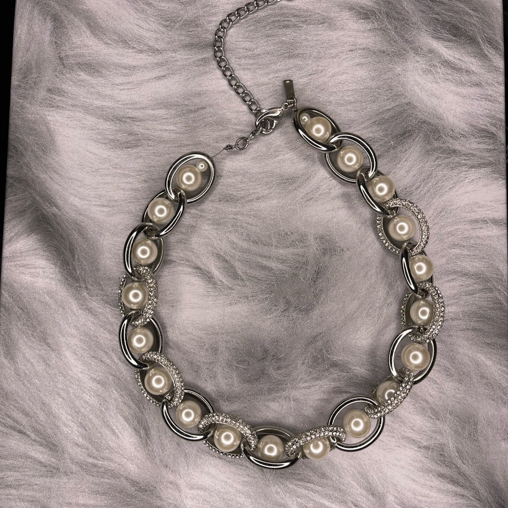 White House Black Market Silver-tone Pearl and Crystal Link Necklace